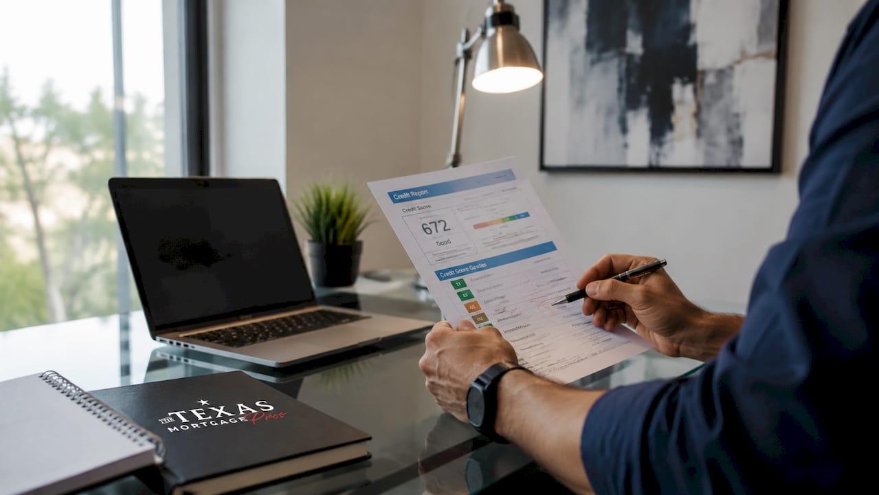 Hands examining credit report on desk