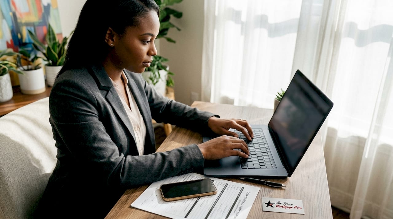 Woman working on conventional loan application at desk