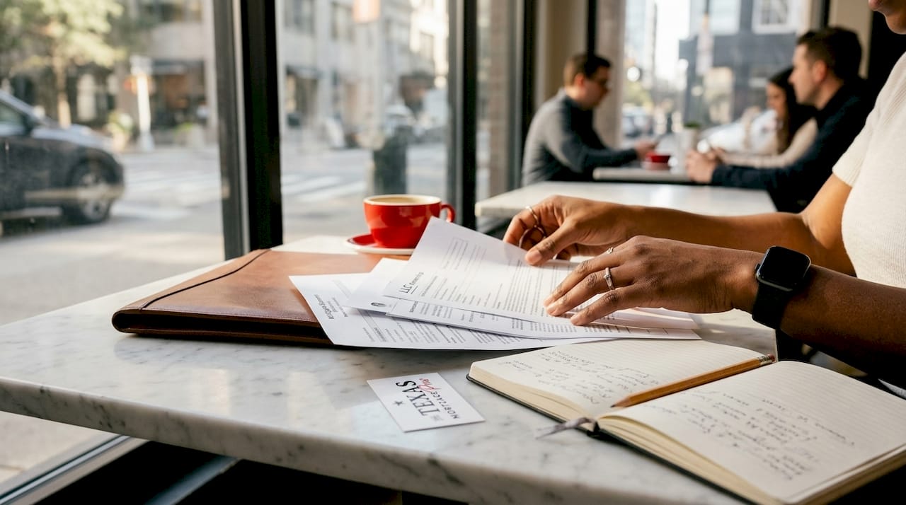Hands organizing LLC property mortgage legal documents