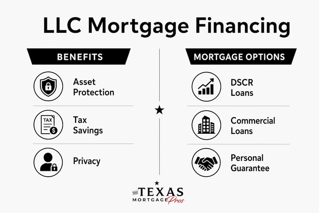 Infographic comparing LLC financing benefits and mortgage options