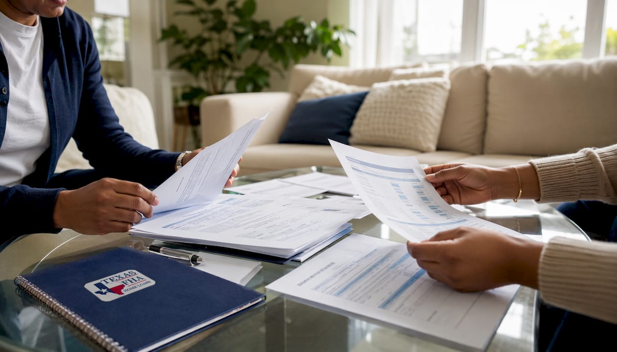 Hands arranging mortgage financial documents on desk