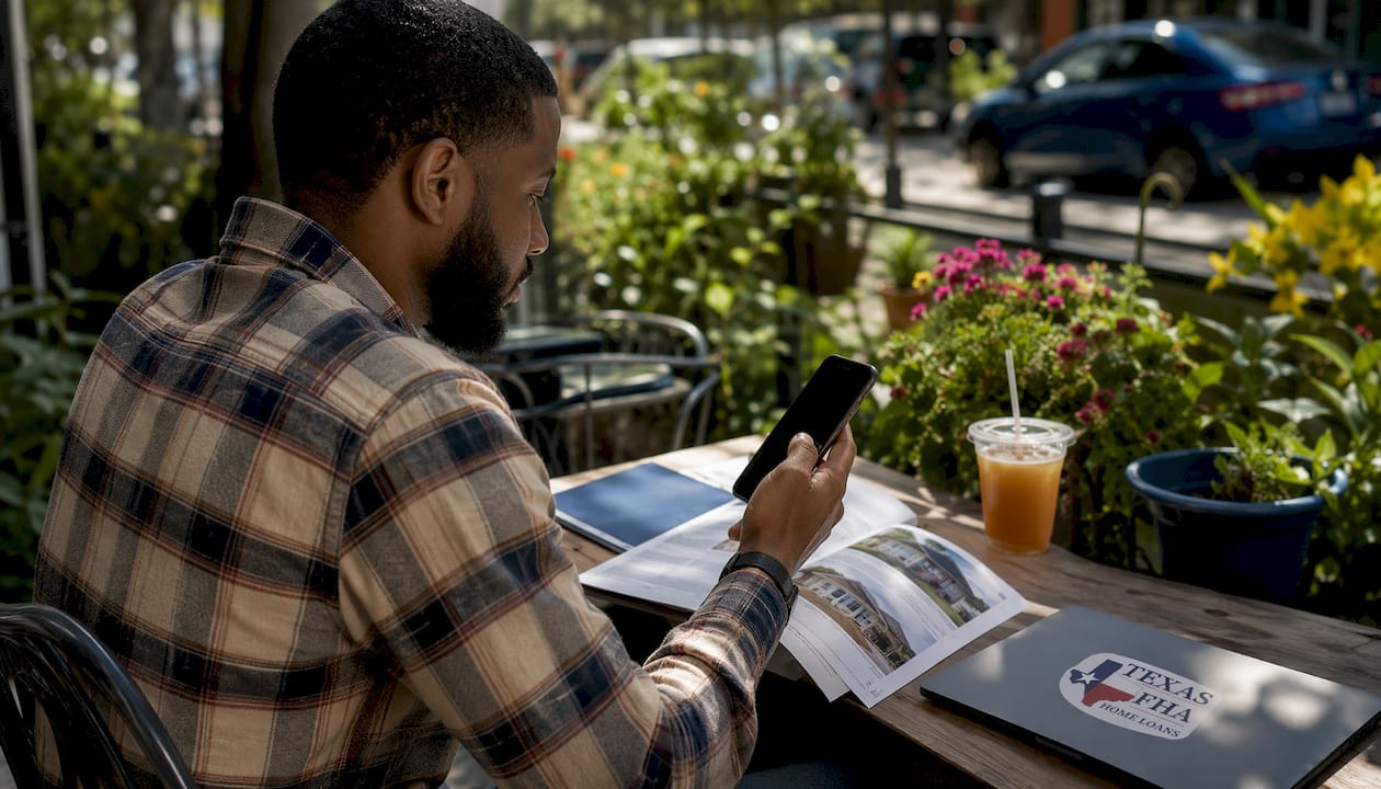 Hands using phone and FHA refinance brochures