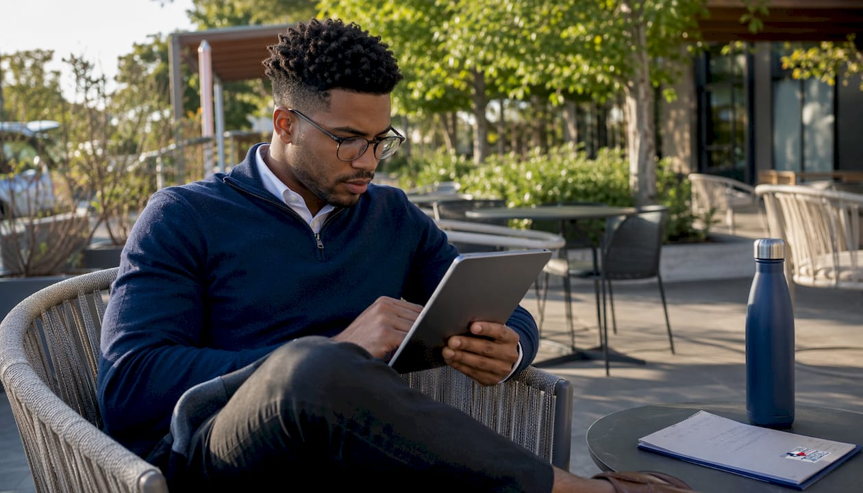 Man reviewing mortgage timeline on tablet at co-working space