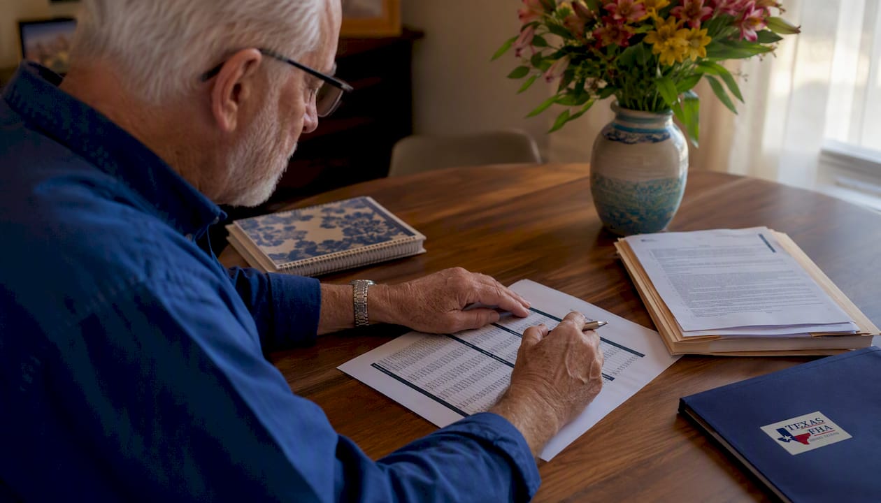 Elderly man reviewing refinance documents in office