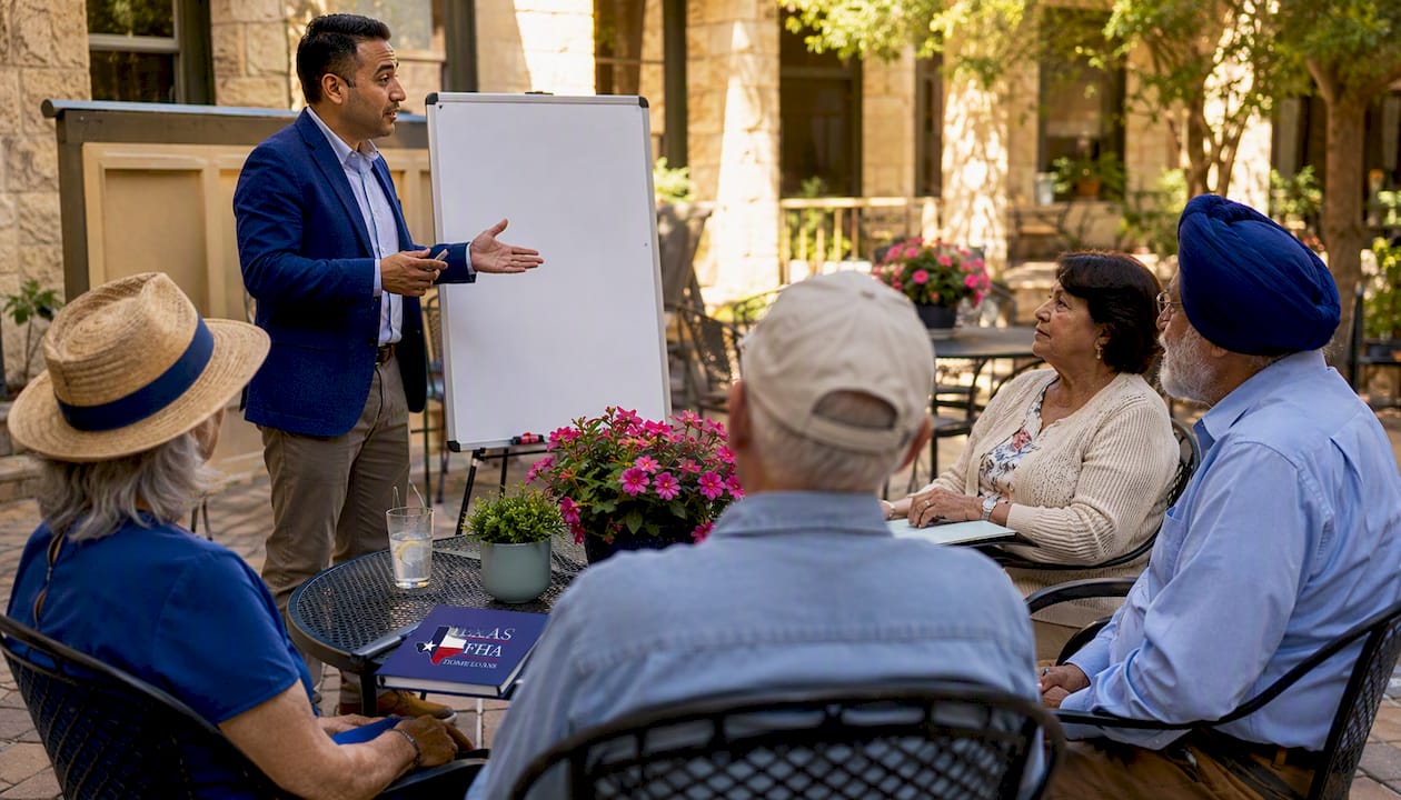 Retirees attending reverse mortgage counseling session