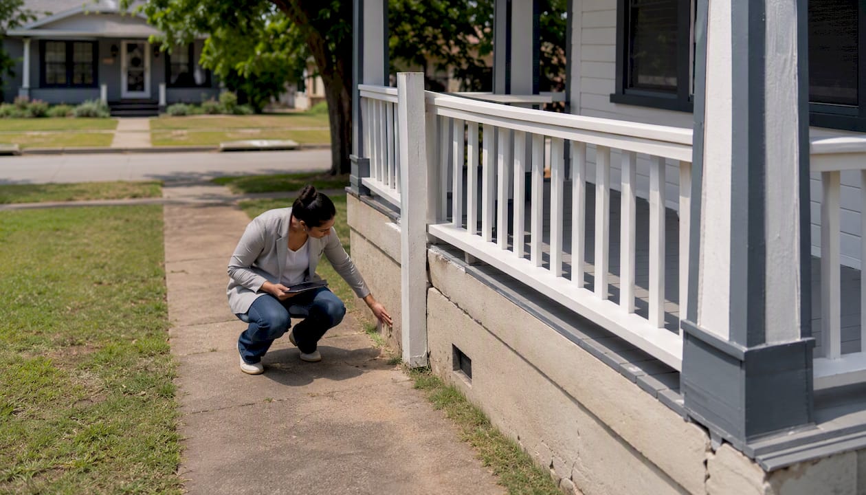 Appraiser inspecting duplex exterior