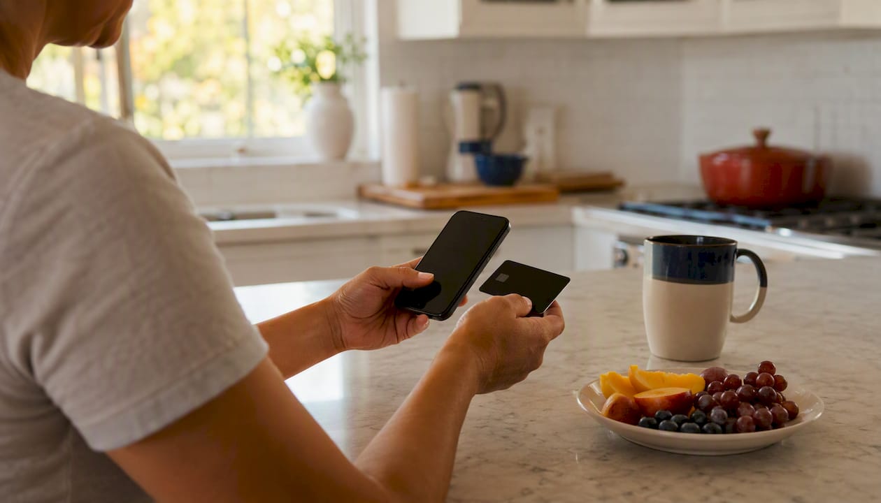 Hands using phone to manage credit payments