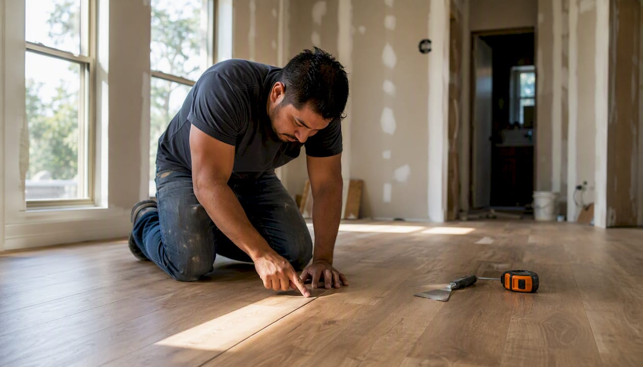 Contractor measuring wall during renovation