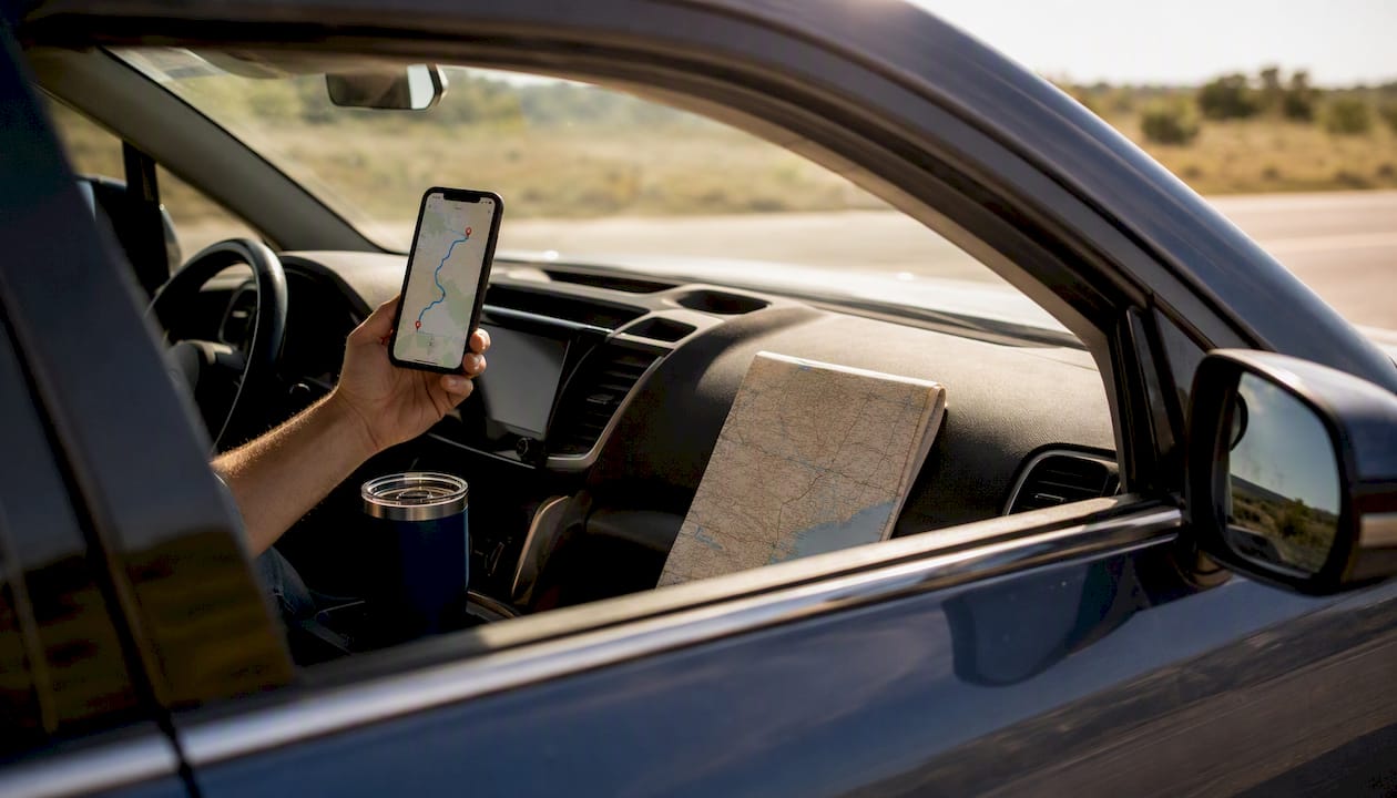 Smartphone displaying Texas driving route
