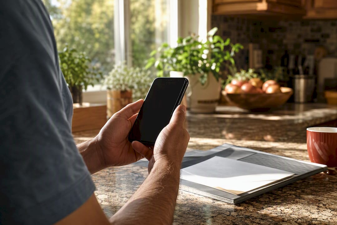Hands holding phone ready for secure wire transfer