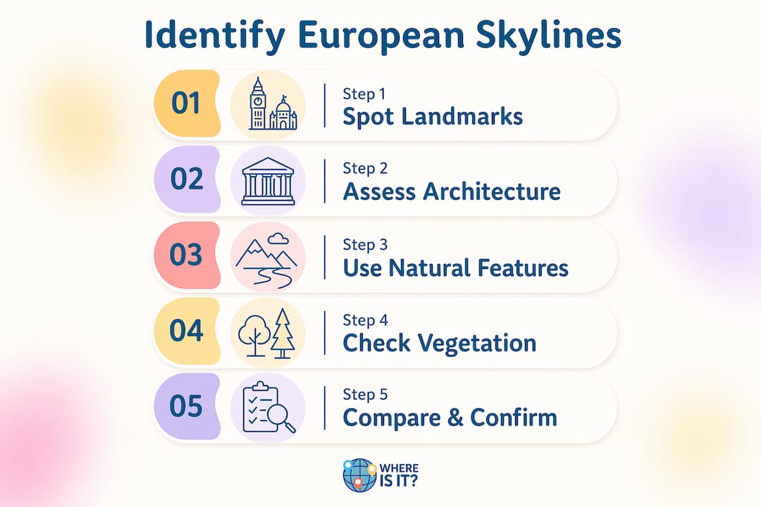 Infographic showing five steps to identify European skylines