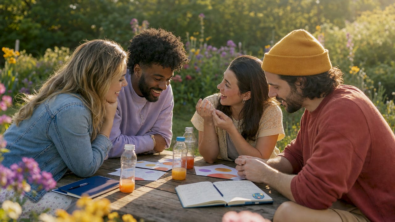 Group discussing entertainment quiz in café