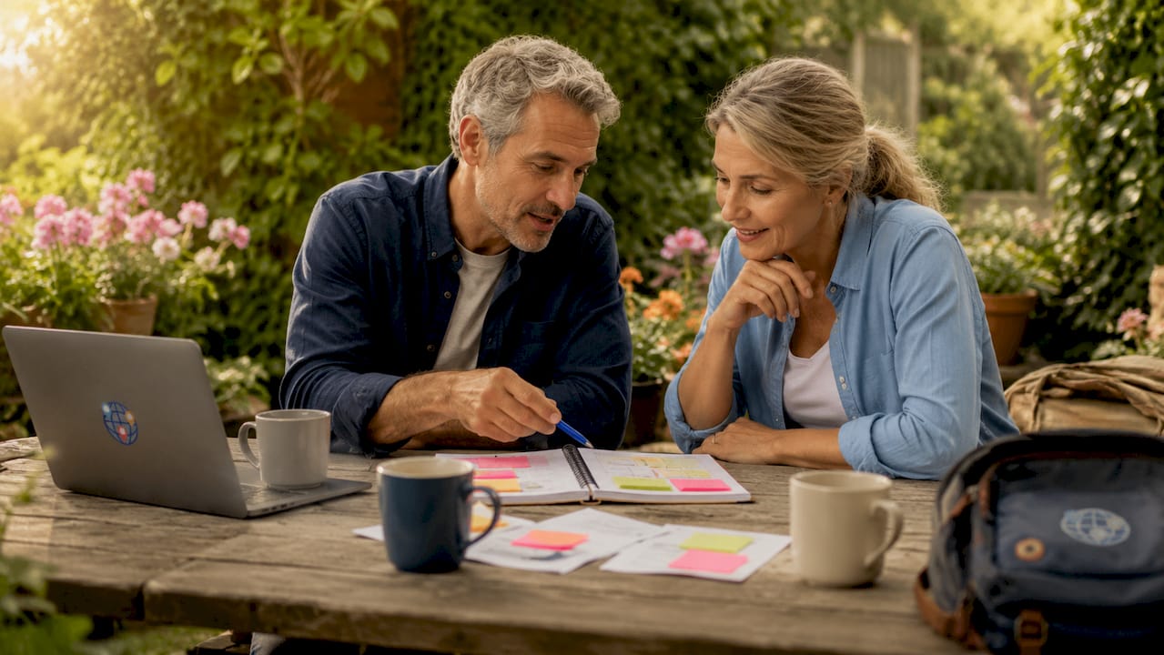 Two people discussing quiz results in café