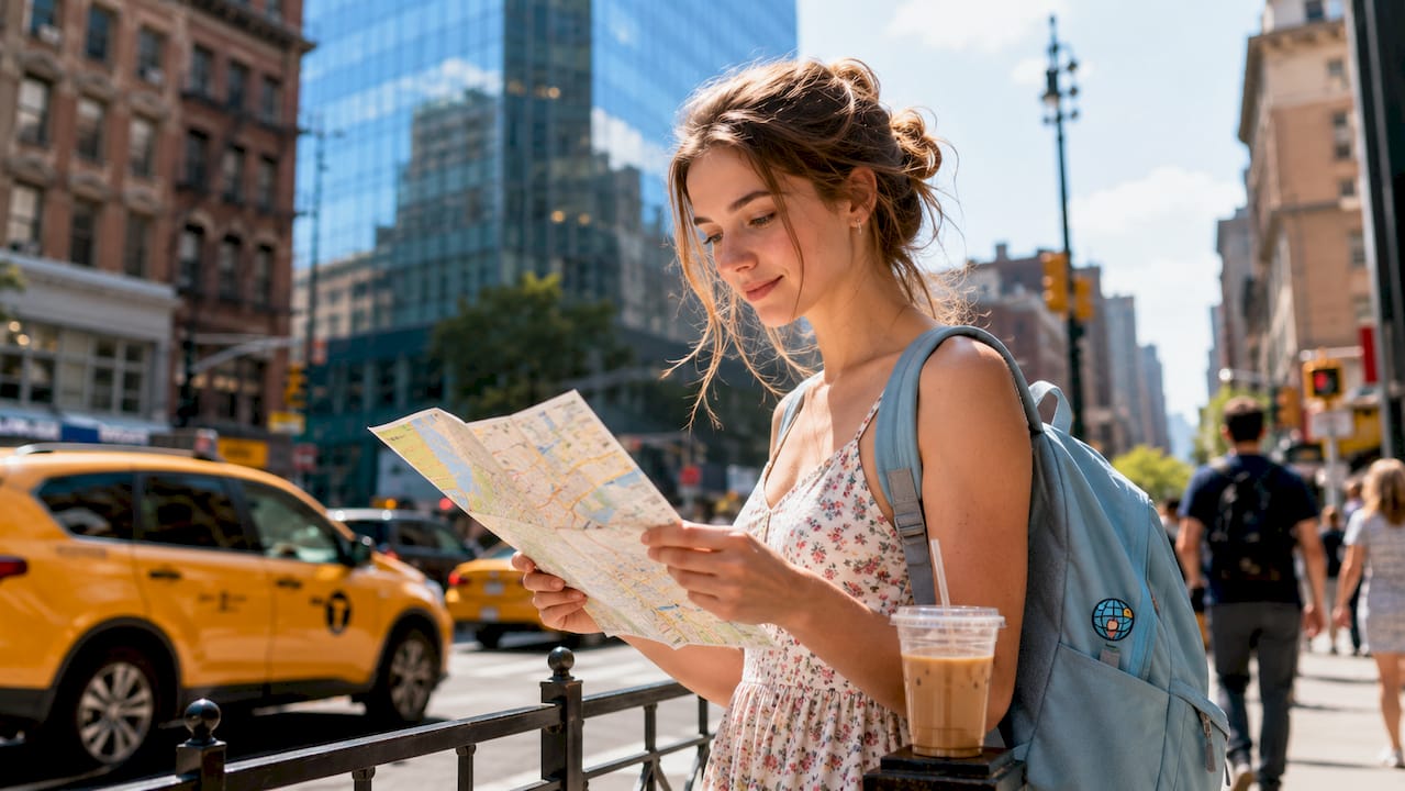 Young tourist with map near landmark building