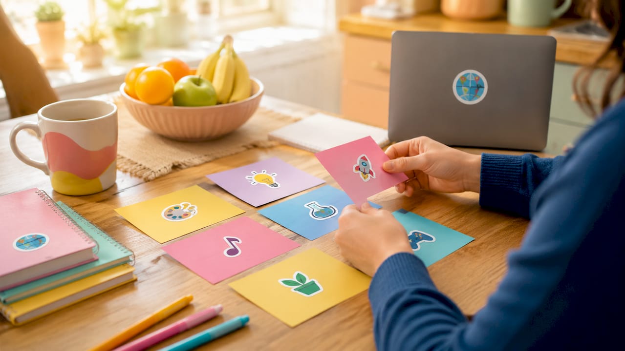 Hands organizing thematic quiz category cards on desk