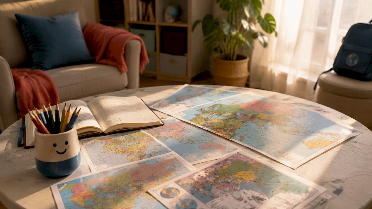 Overhead view of different types of maps on study table