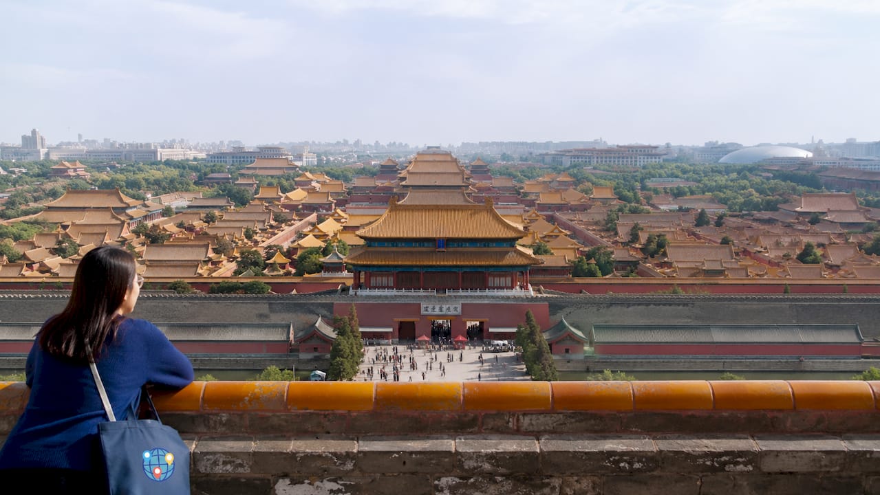 Aerial view of Forbidden City with yellow rooftops in Beijing