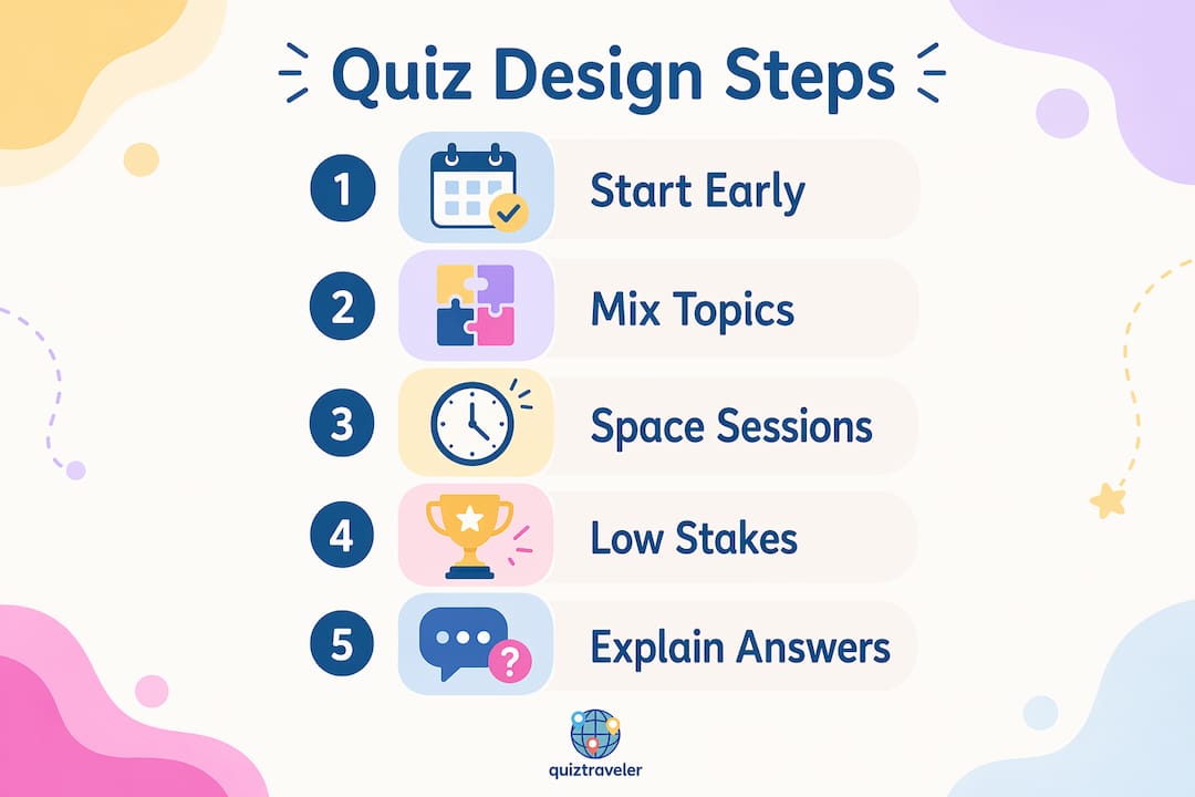 Infographic depicting five quiz design steps for effective learning