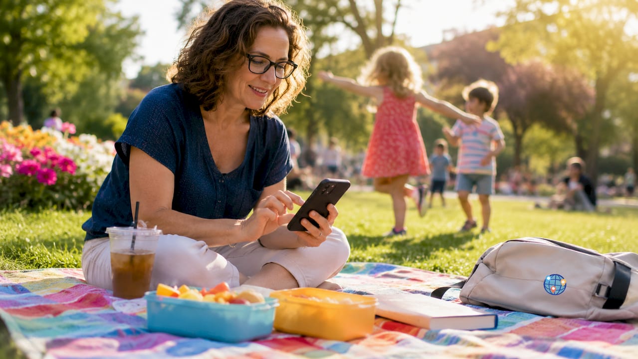 Woman taking quiz on smartphone in a park