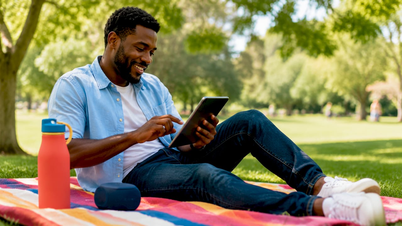 Man interacting with quiz app on tablet
