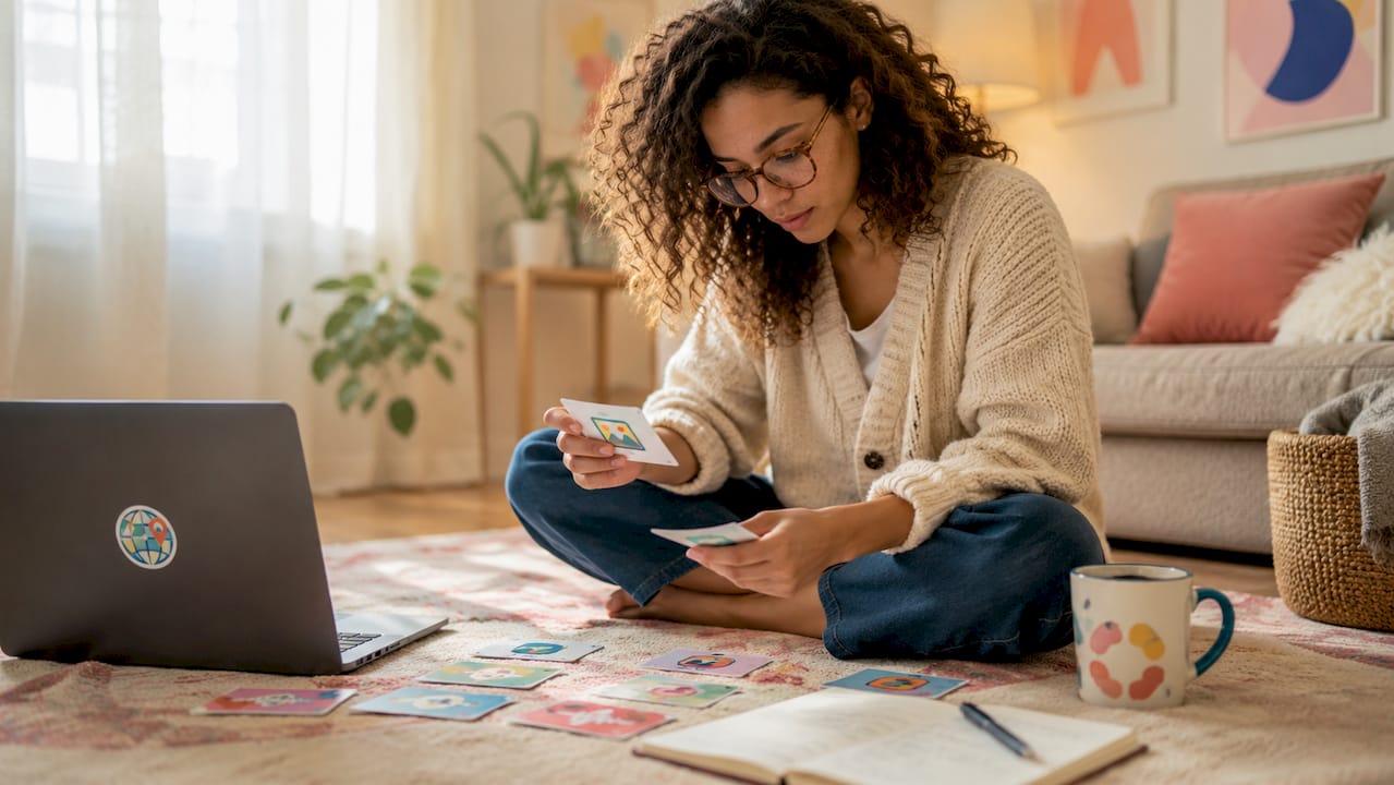 Learner organizing quiz formats at home desk