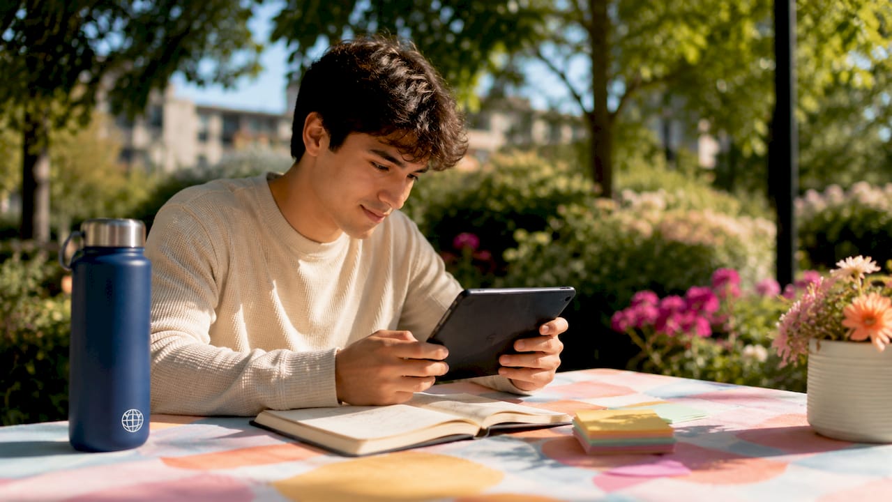 Young man using quiz app in neighborhood café
