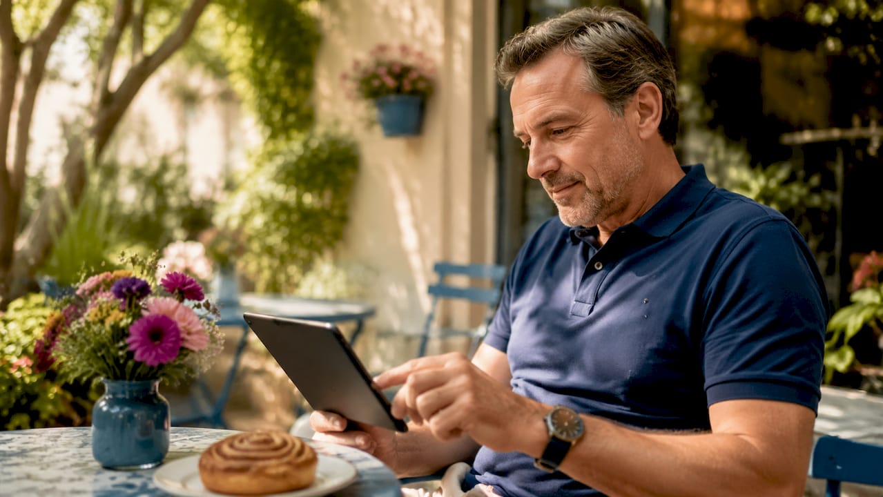 Hands scrolling nostalgia quiz on tablet in cafe