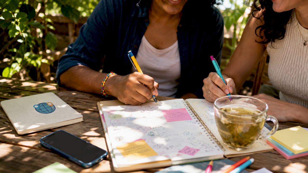 Hands taking notes and quiz review materials on desk