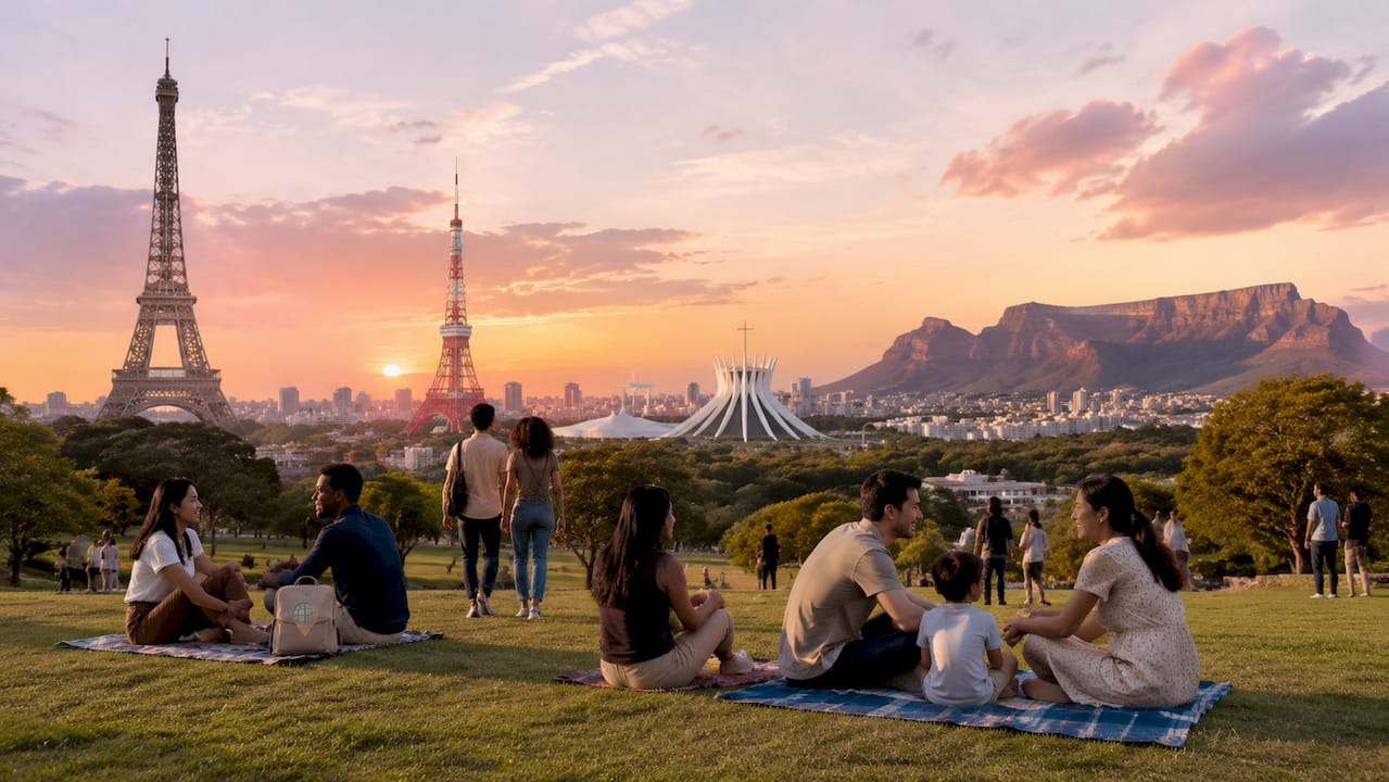 Composite city skyline with diverse world capital landmarks
