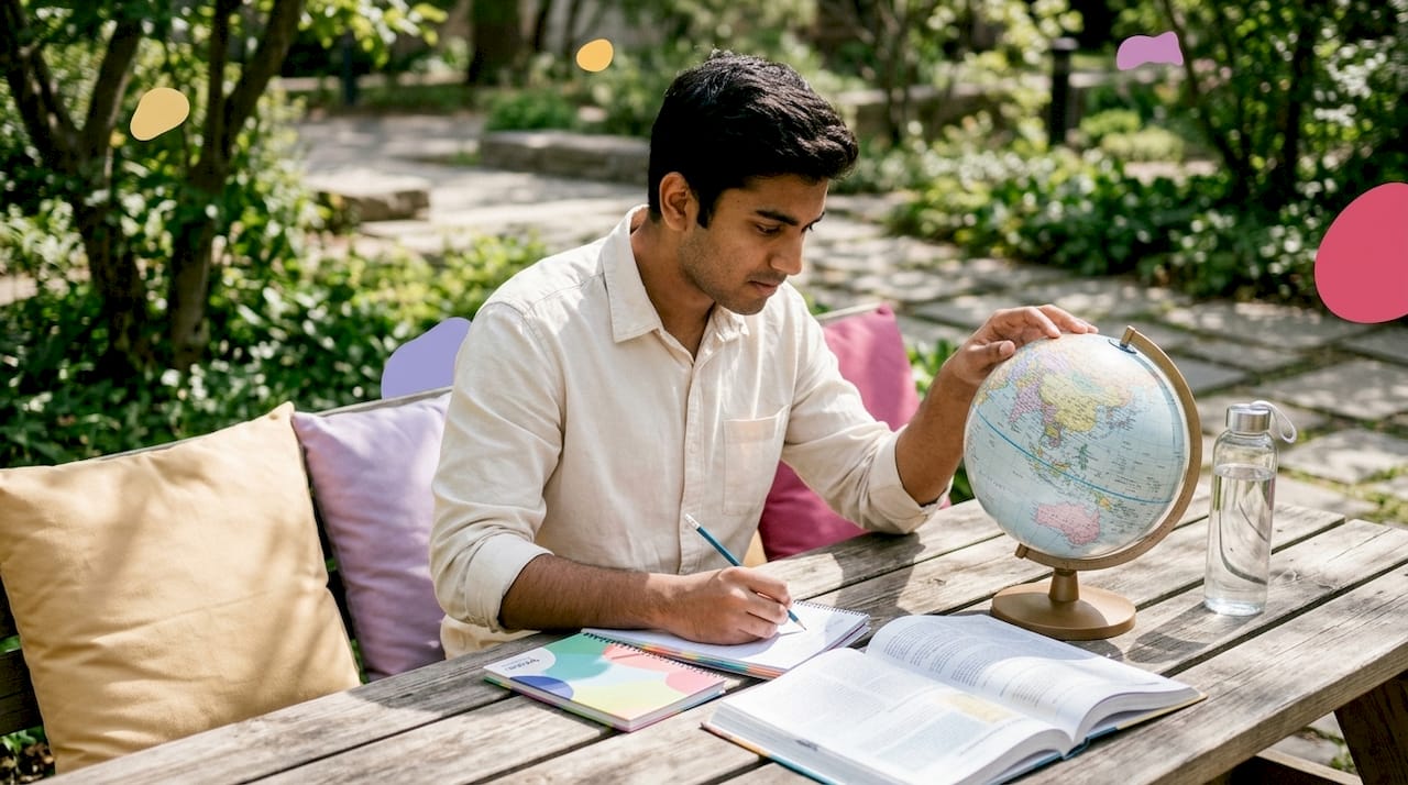 Student interacting with physical globe and notes