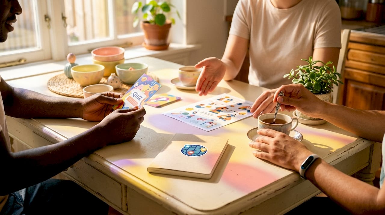 Hands interacting with diverse quiz materials
