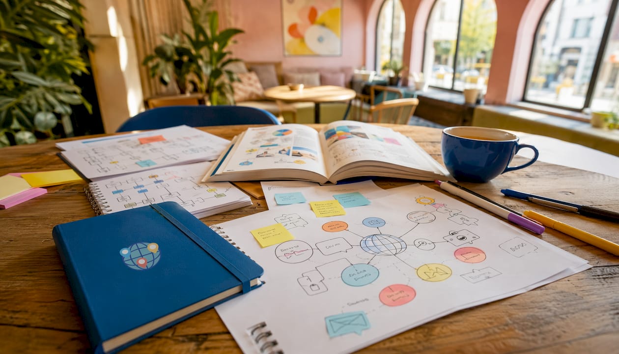 Workspace with quiz game design materials