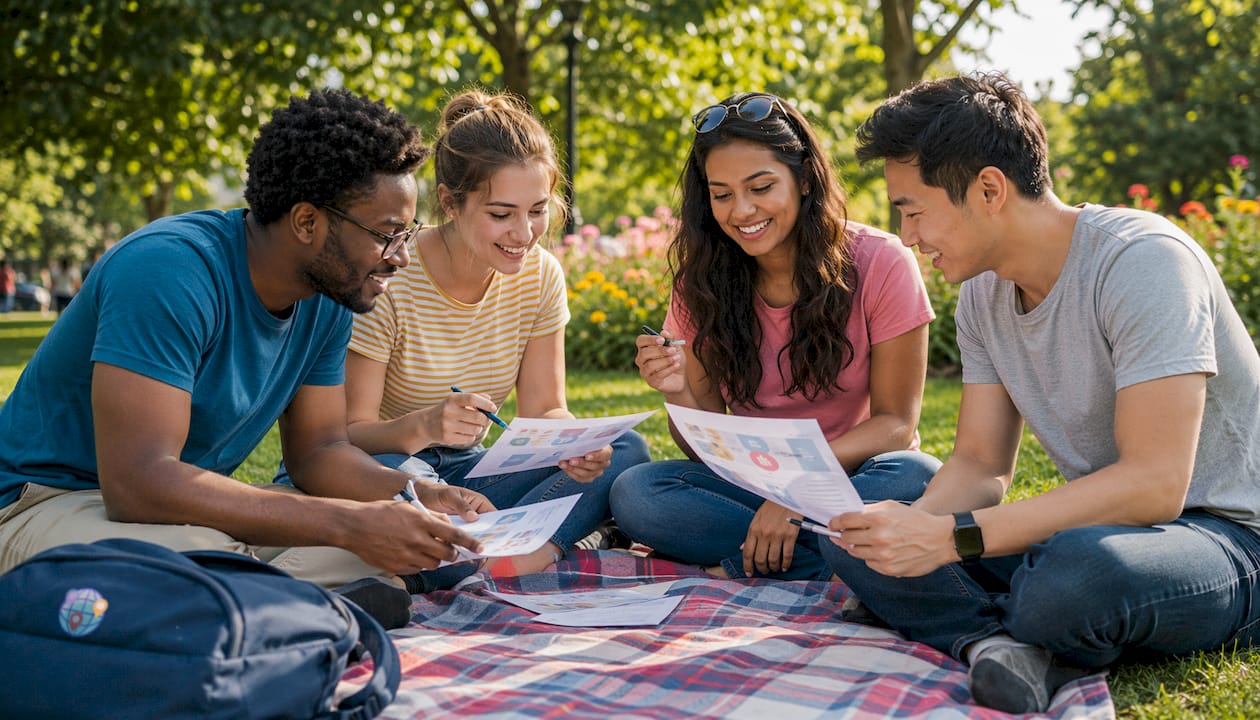 Diverse group collaborating around table for team quiz