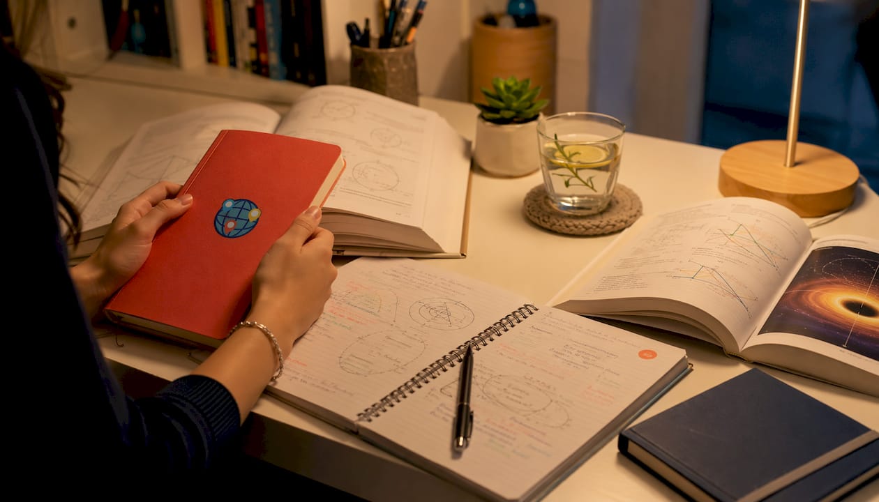 Close-up of science study materials and hands at desk