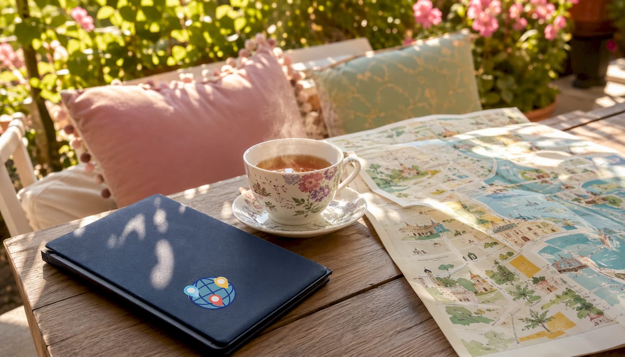 Café table with map and tablet for city quiz