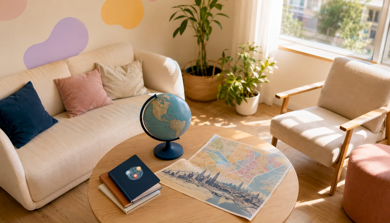 Meeting table with compass and abstract map objects