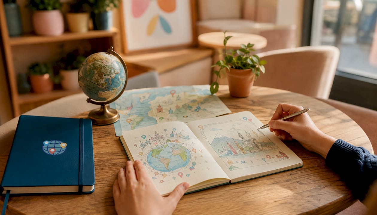 Overhead view of hands interacting with geography props on desk