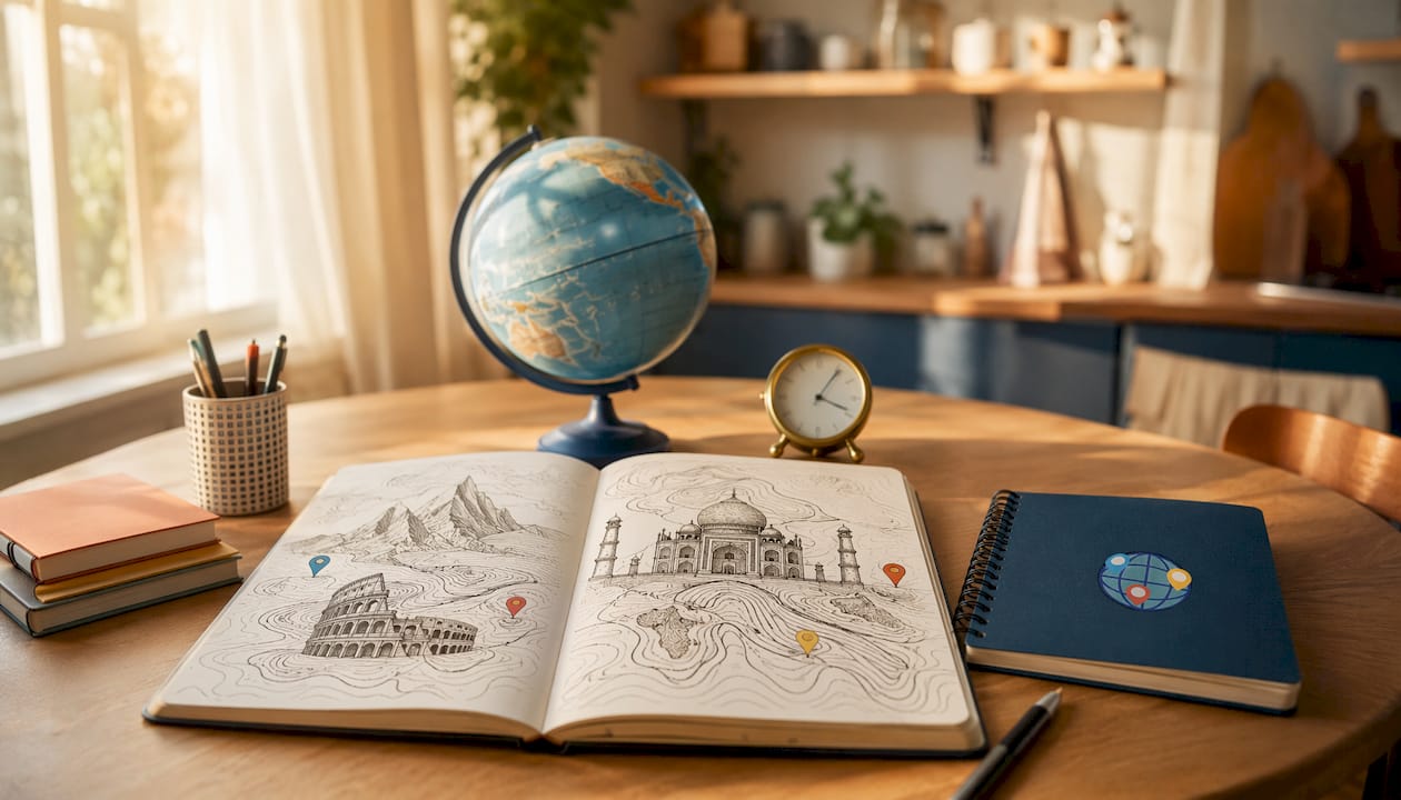 Overhead view of sketchbook with geographic line art illustrations