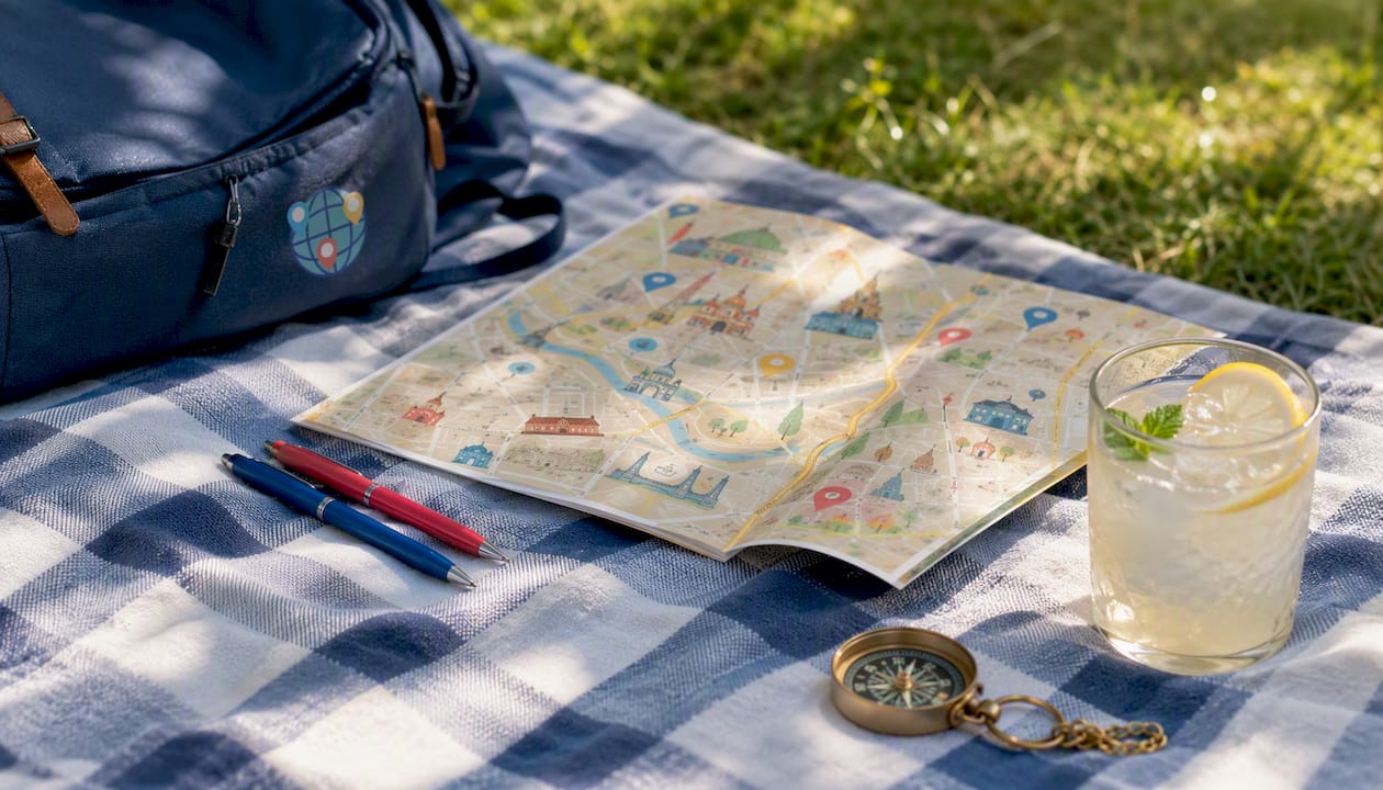 Outdoor cafe table with maps and compass