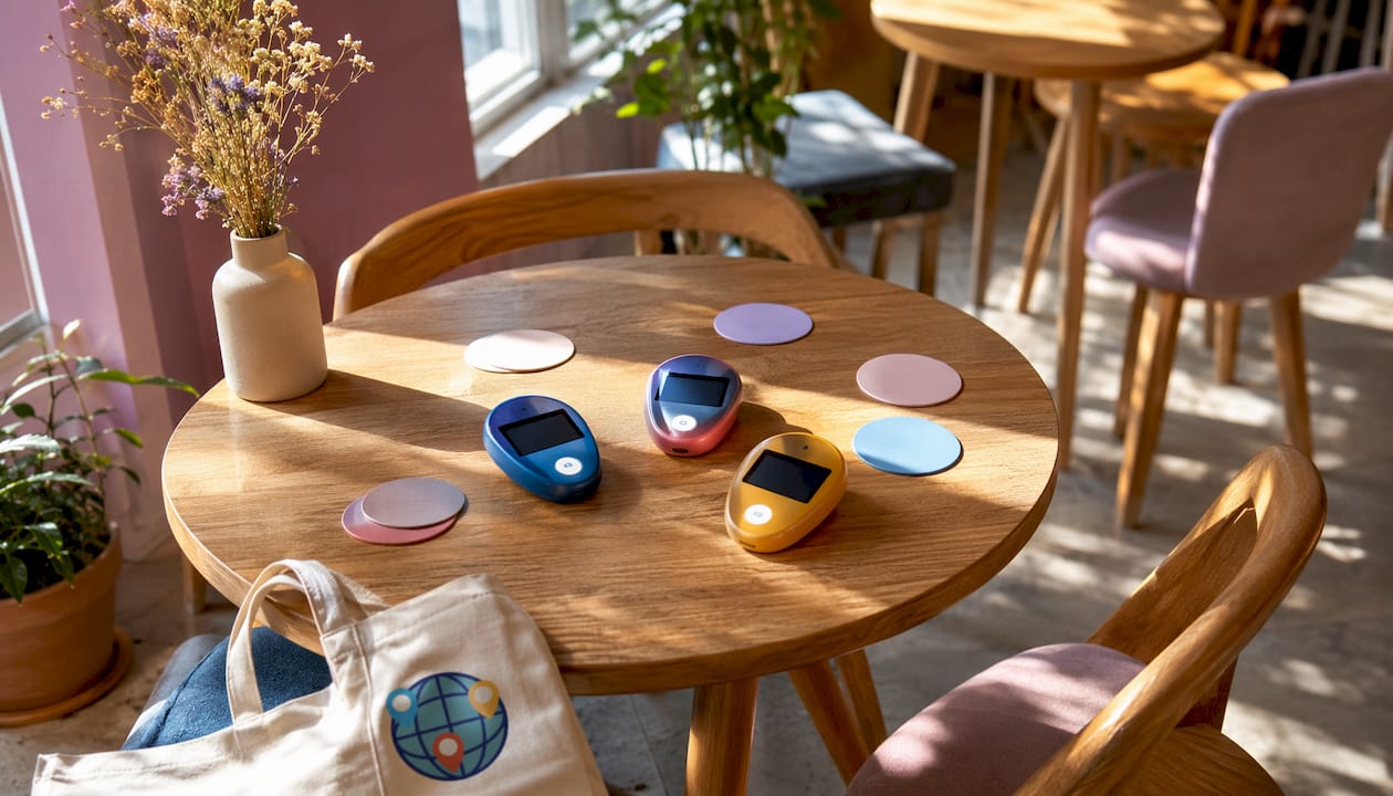 Meeting table with quiz keypads and skyline art