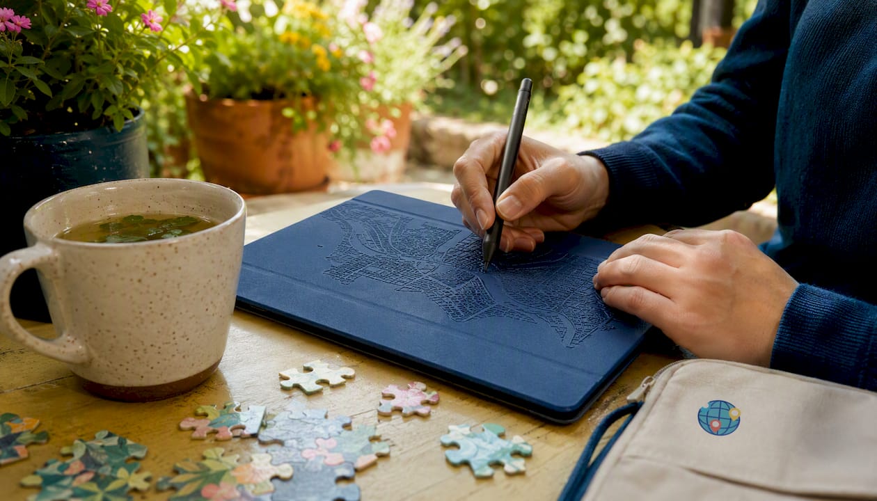 Hands using stylus on map-themed tablet