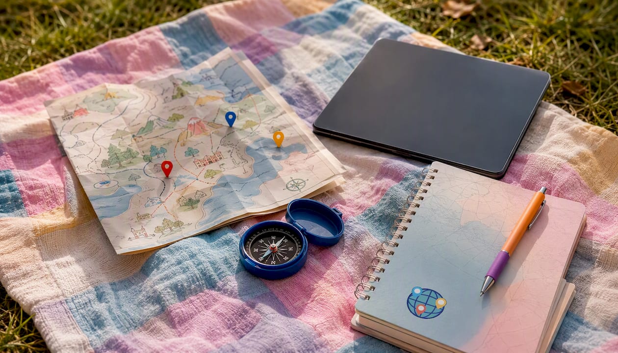 Map, compass, and tablet on wooden desk