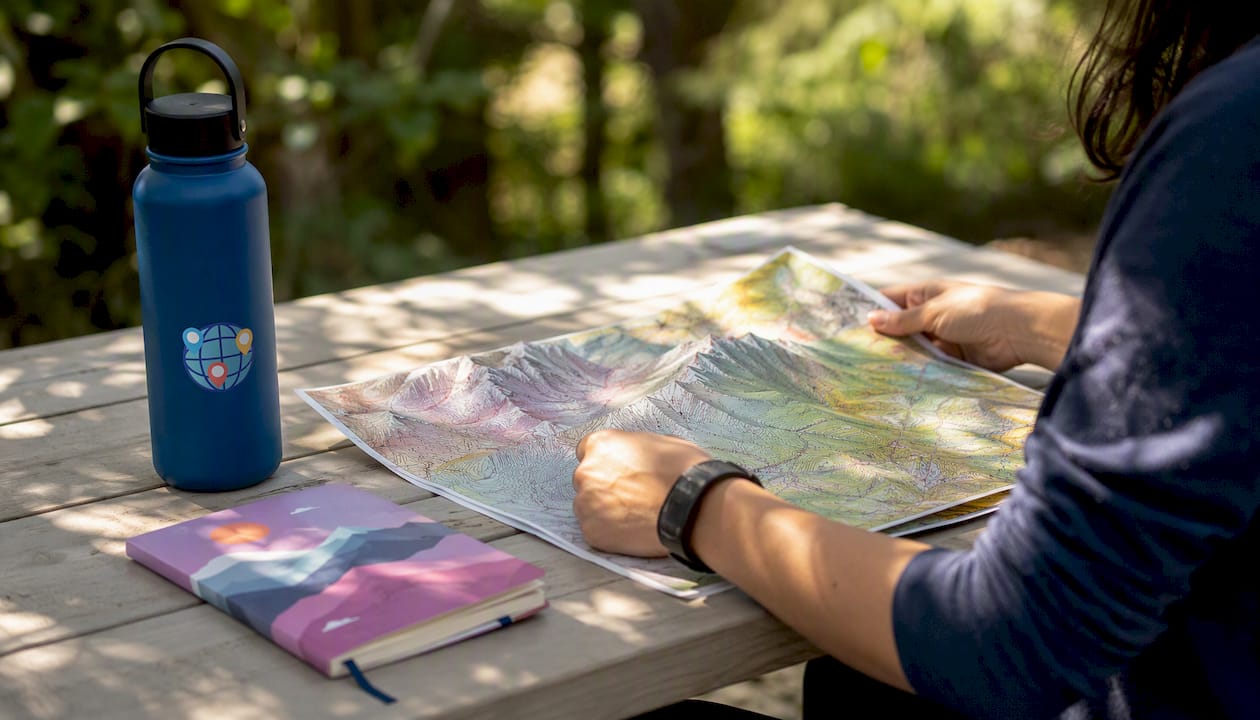 Learner studying a topographic map in café
