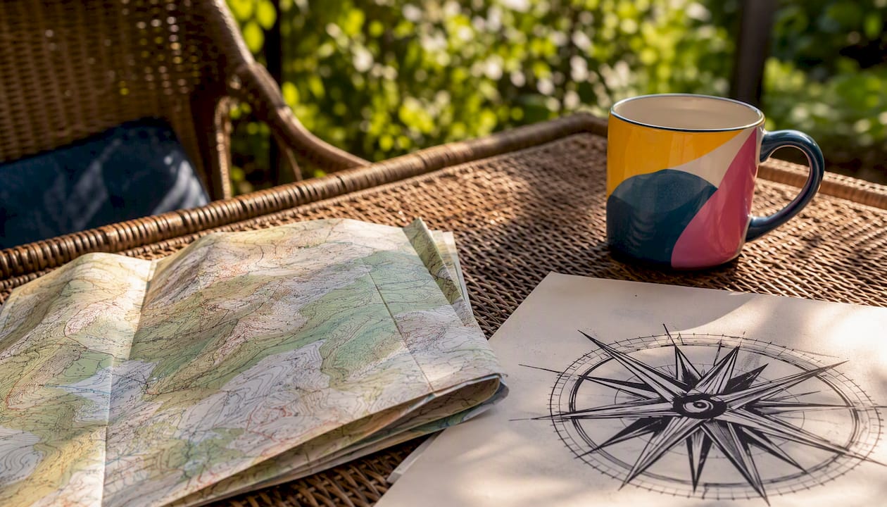 Atlases and compass rose on desk