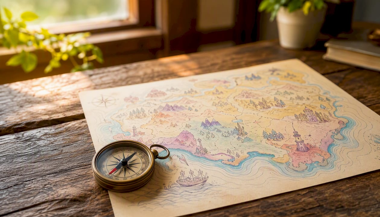 Compass on abstract map with city markers
