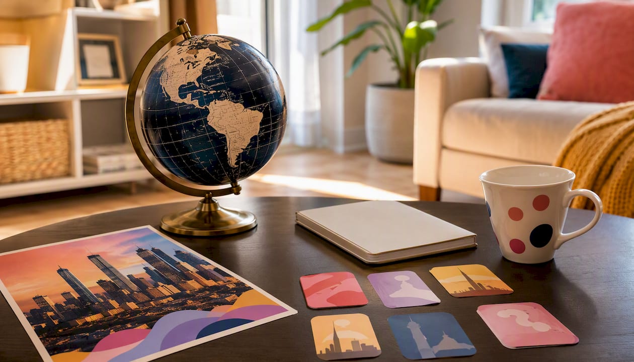 City guessing challenge setup with globe and photo clues