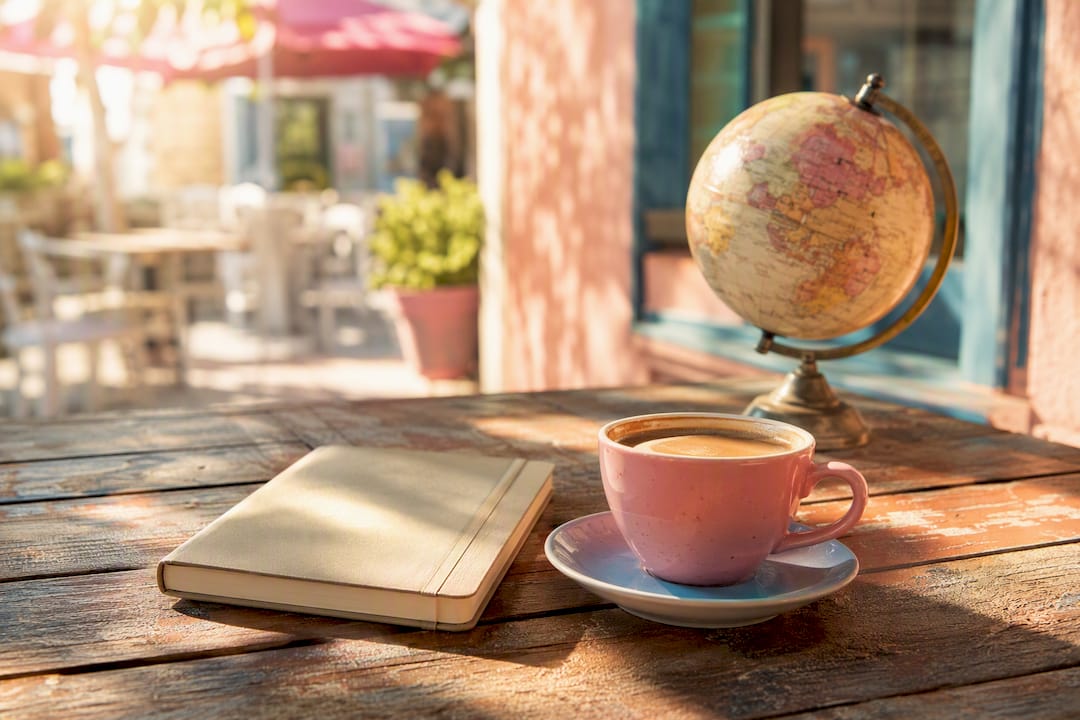 Coffee cup, globe, and notebook on table
