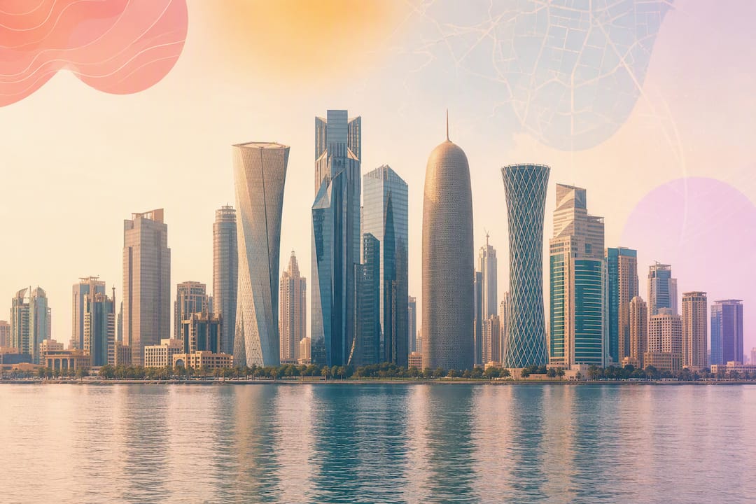 Stylized Doha skyline with curved skyscrapers and map overlay