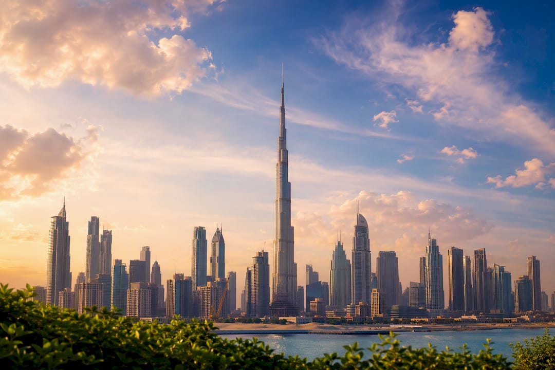 Abstract silhouette of Dubai skyscrapers at dusk