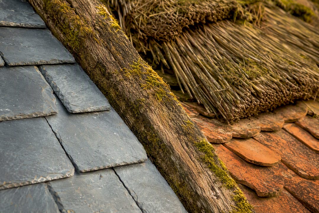 Close-up of diverse roofing material textures